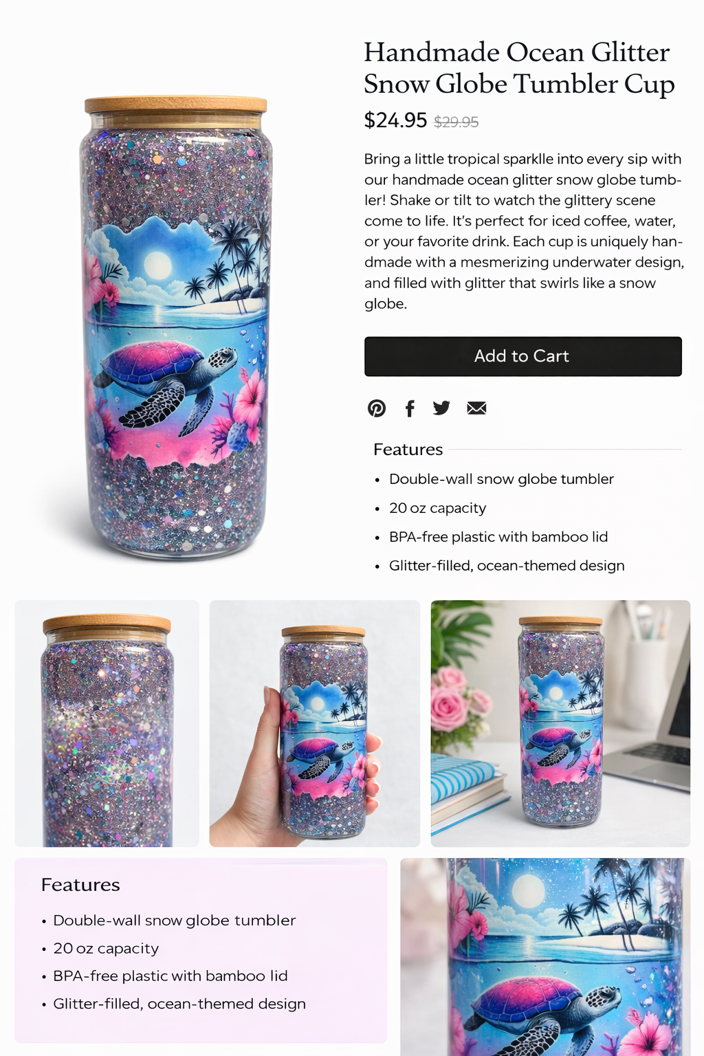 Handmade Ocean Glitter Snow Globe Tumbler Cup